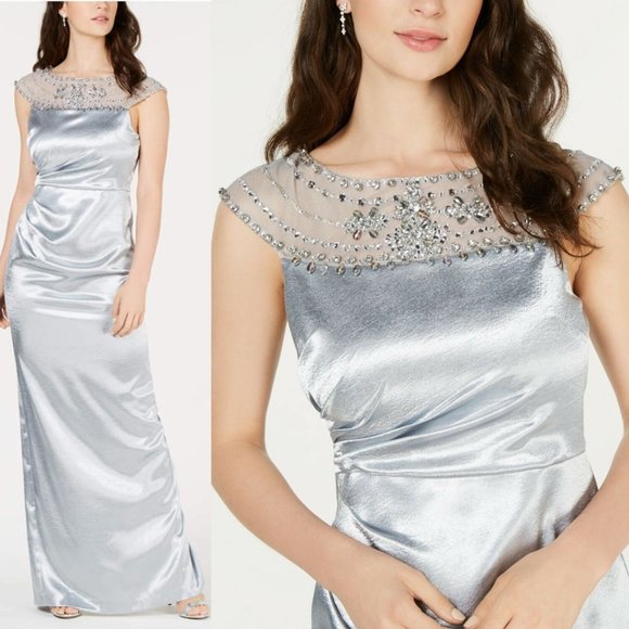 $299 NWT ADRIANNA PAPELL Women's Silver Maxi Dress 4 SMALL Mesh Beaded Ruched - Picture 4 of 12